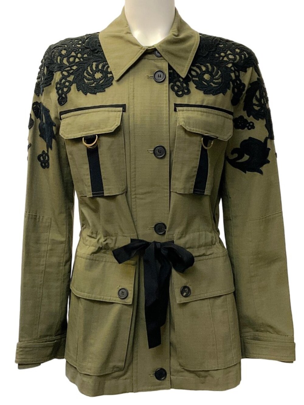 Veronica Beard Army Green Cotton Heritage Utility Jacket with Lace